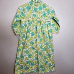 Vintage Flannel Nightgown Youth Size 7/8 Green Blue Floral Lace Trim Cottagecore